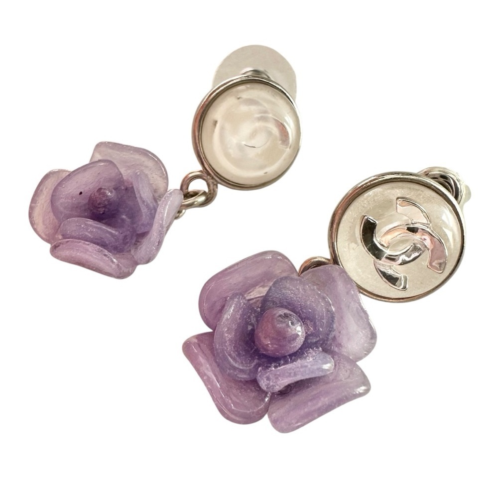 Chanel Purple Camellia Flower Silver Studded Earring Set with Box - Picture 6 of 15
